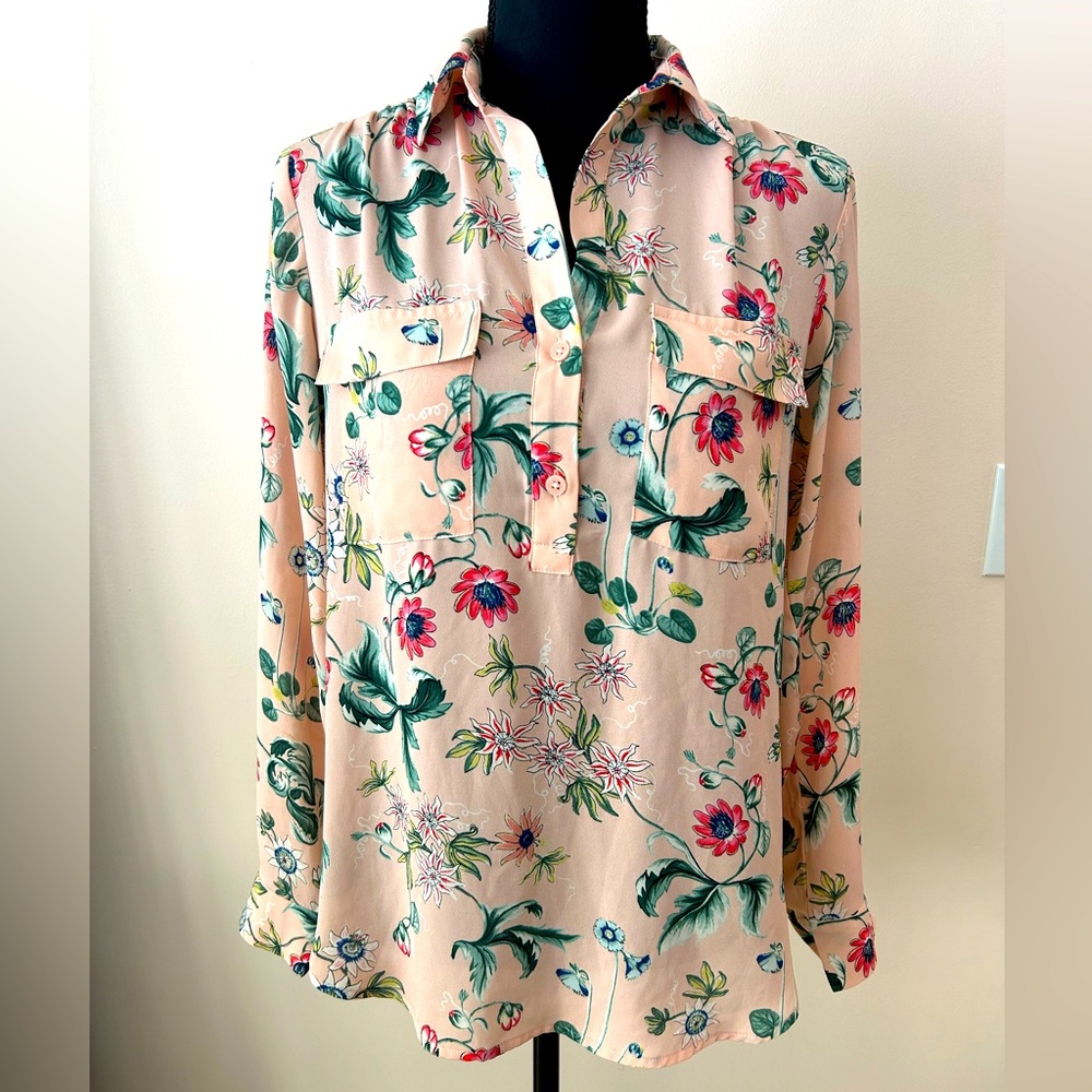 Ann Taylor - Pink floral partial button long sleeve chiffon top
